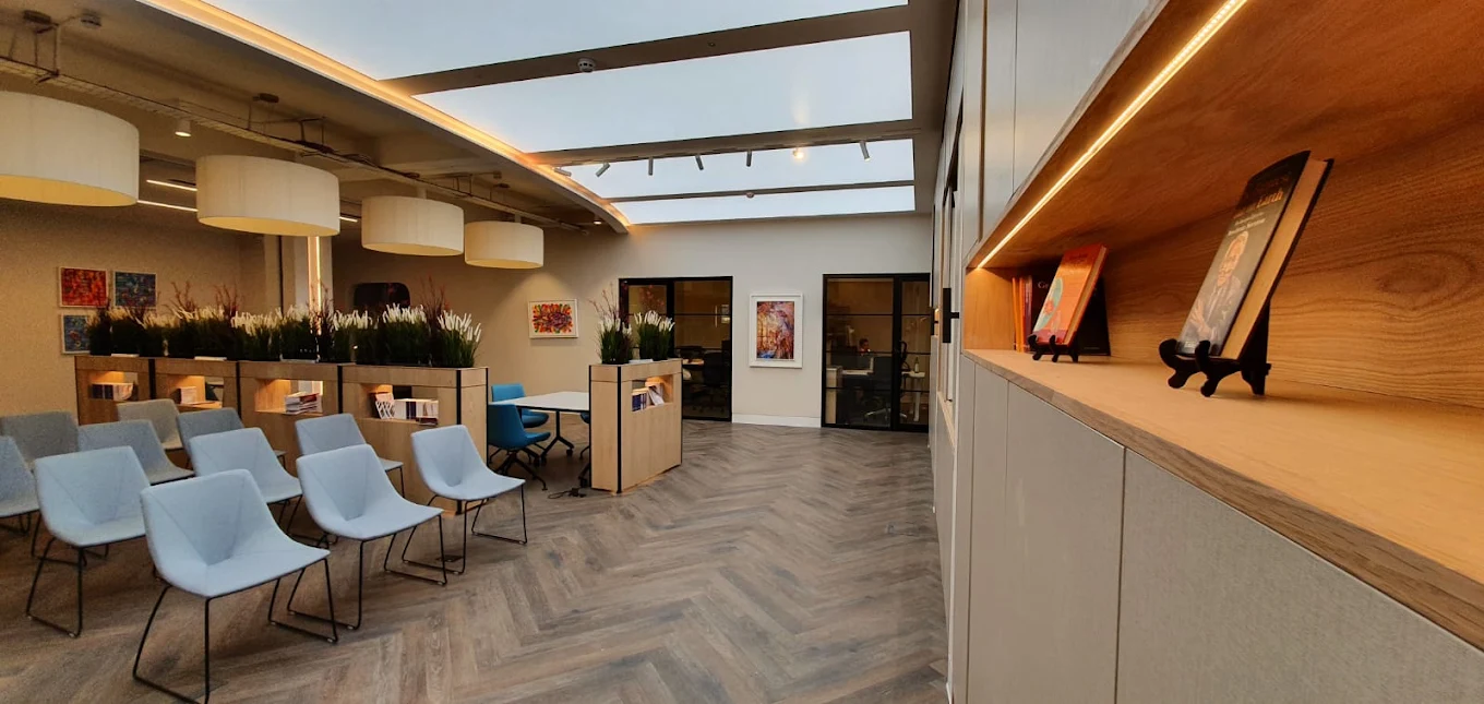 Built-in timber shelving and flexible seating in the Chabad HGS interior