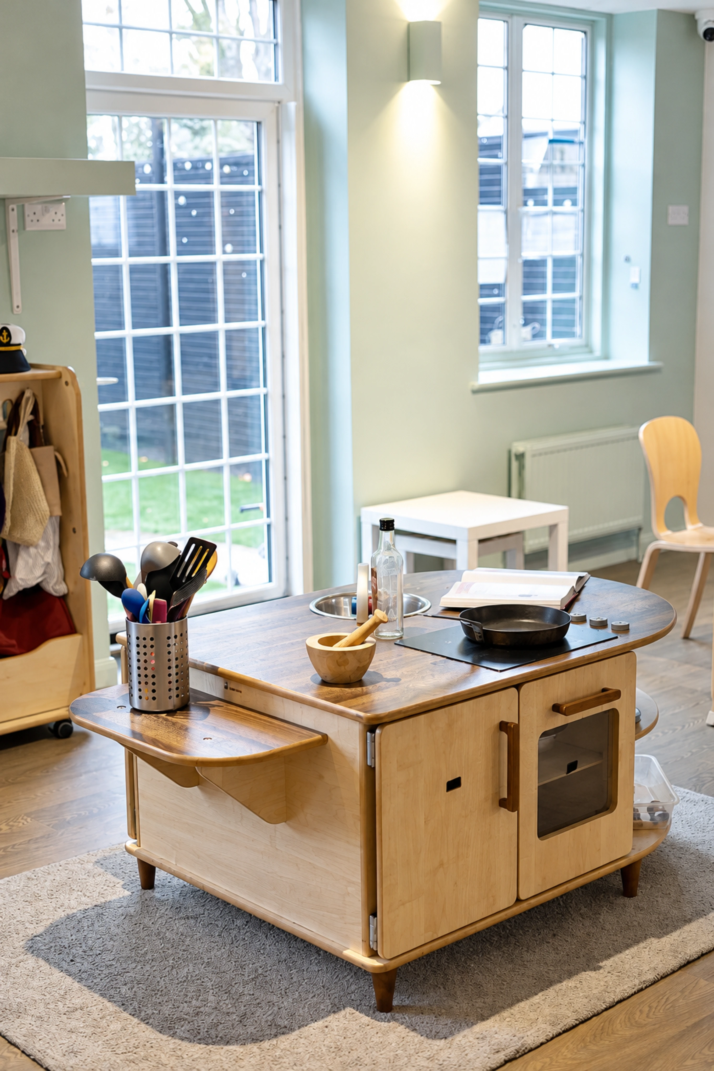 Timber play kitchen and activity furniture beside the nursery windows