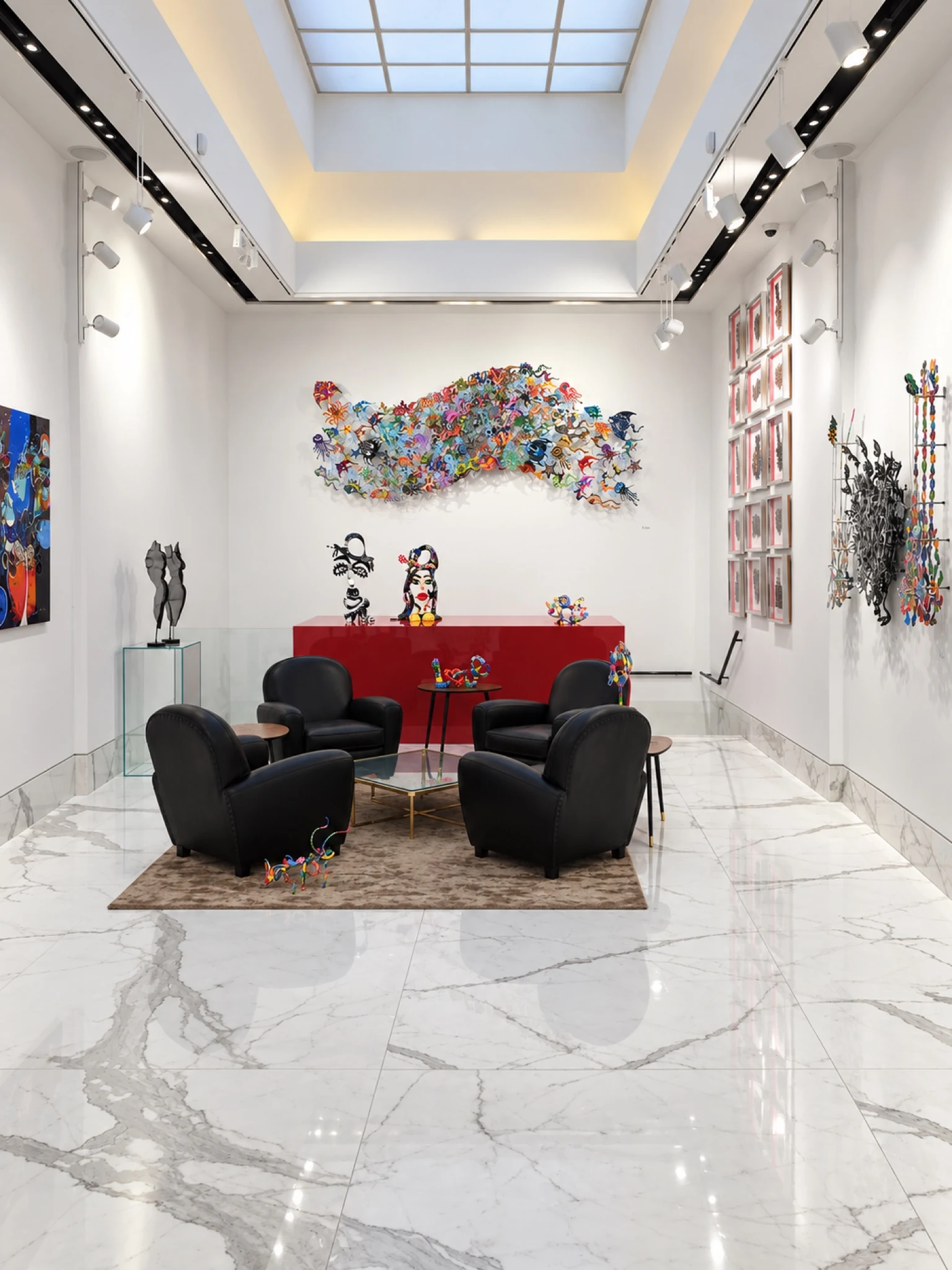 The gallery lounge beneath a glazed ceiling feature.