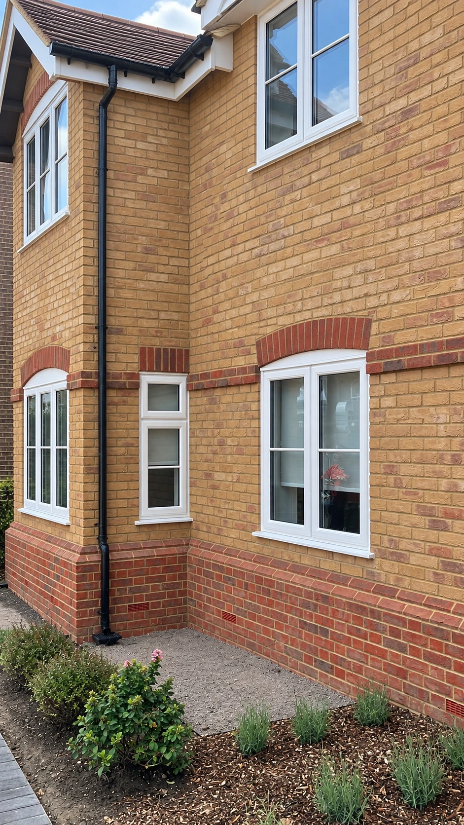 Finished brickwork, windows and planting beside the building.