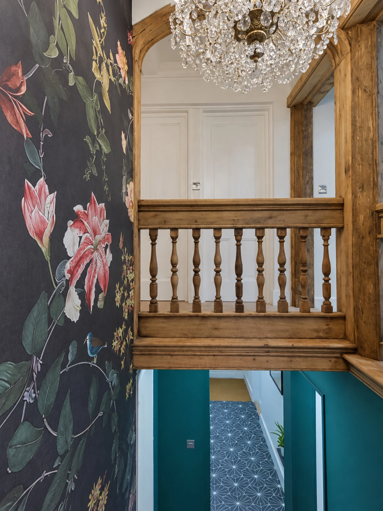 A view through the stairwell and timber balustrade.
