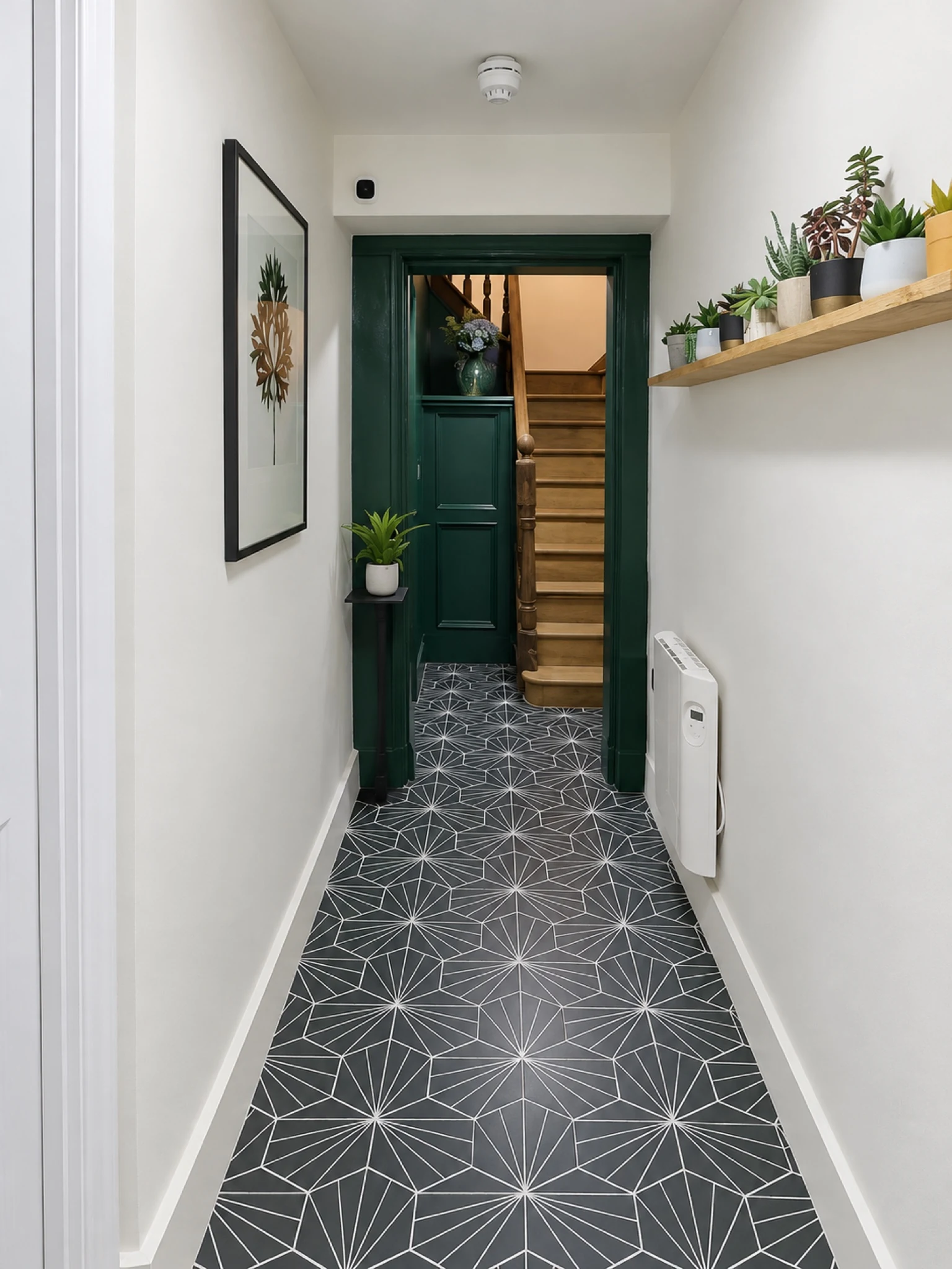 Patterned flooring along the finished hallway.