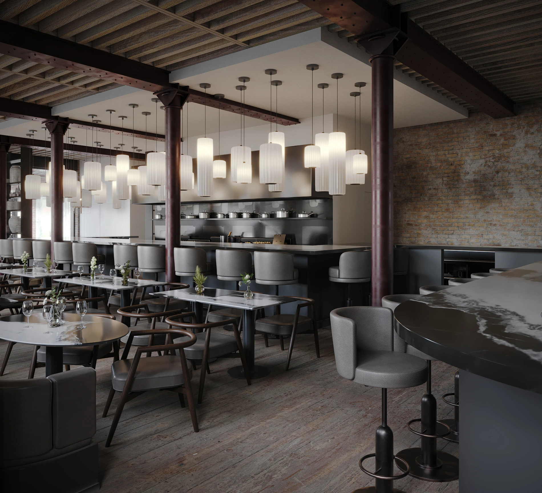 Veined stone tables, timber beams and the bar at Osteria Angelina